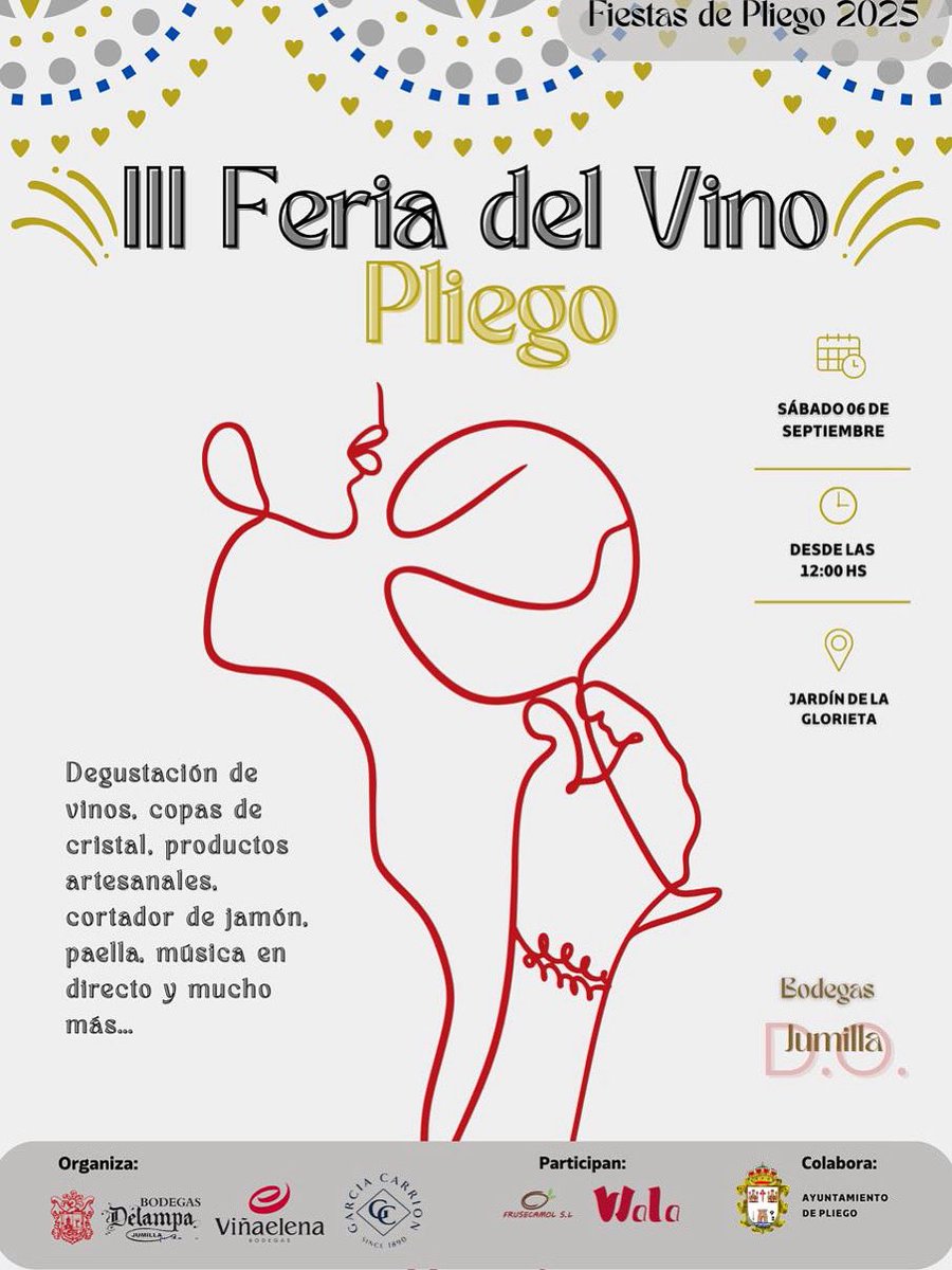 🍷 III FERIA DEL VINO · PLIEGO
📅 6 de septiembre
🕛 Desde las 12:00
📍 Jardín de la Glorieta

Ven y brinda con las D.O. de Jumilla. ¡Te esperamos! 🥂🎶🥘

18+ Bebe con responsabilidad.

#Pliego #FeriaDelVino #Vino #DOPJumilla #Pliego #FiestasPatronales