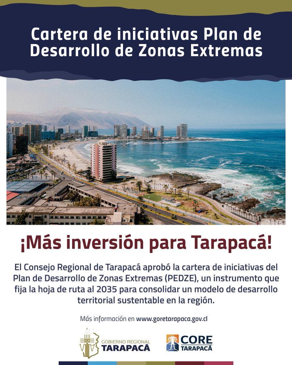 Gobierno Regional Tarapacá (@gore_tarapaca) on Twitter photo #InversiónParaTarapacá 💪🏼📈
✨¡Avanzando en un hito histórico para la región!✨
Ciento cuarenta y ocho iniciativas contiene la propuesta del Plan de Desarrollo de Zonas Extremas (#PDZE) la que, este miércoles, fue aprobada por el <a href="/CoredeTarapaca/">CORE Tarapaca</a>. Se trata del instrumento que #InversiónParaTarapacá 💪🏼📈
✨¡Avanzando en un hito histórico para la región!✨
Ciento cuarenta y ocho iniciativas contiene la propuesta del Plan de Desarrollo de Zonas Extremas (#PDZE) la que, este miércoles, fue aprobada por el <a href="/CoredeTarapaca/">CORE Tarapaca</a>. Se trata del instrumento que