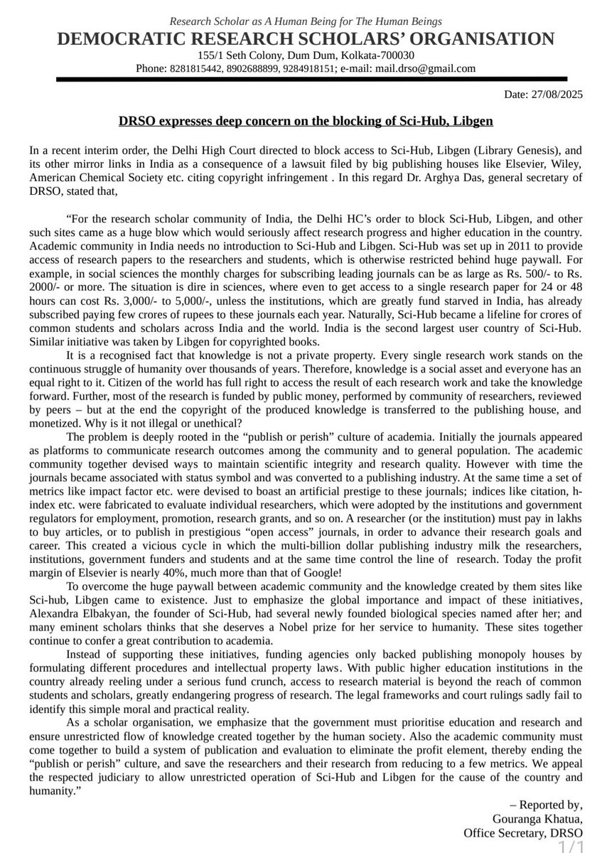 #DRSO expresses deep concern on the blocking of #SciHub, Libgen.

Please read our statement and opine the way ahead.