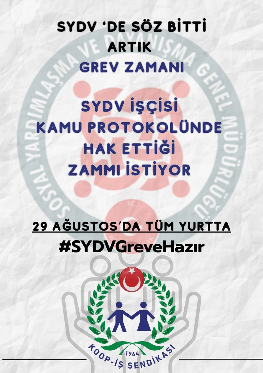 İşçi kadrosunda çalışıp memur gibi görülmek istemiyoruz.

#SYDVGreveHazır

<a href="/_cevdetyilmaz/">Cevdet Yılmaz</a> <a href="/tcailesosyal/">T.C. Aile ve Sosyal Hizmetler Bakanlığı</a>
<a href="/MahinurOzdemir/">Mahinur Özdemir Göktaş</a> <a href="/csgbakanligi/">T.C. Çalışma ve Sosyal Güvenlik Bakanlığı</a>
<a href="/isikhanvedat/">Prof. Dr. Vedat Işıkhan</a> <a href="/SayimMadak/">Dr. Sevim Sayım Madak 🇹🇷</a> <a href="/ztarikdaroglu/">Zafer TARIKDAROĞLU</a> <a href="/LemanYenigunAk/">Leman Yenigun</a>
<a href="/ashb_sygm/">Sosyal Yardımlar Genel Müdürlüğü</a>