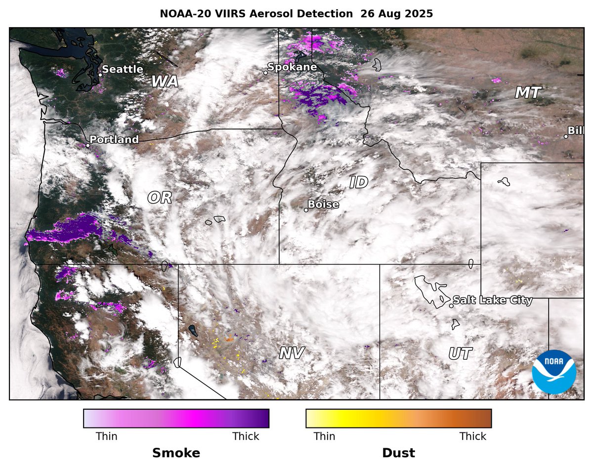 AerosolWatch's tweet image. Numerous wildfires in the western US continued burning on 26 Aug, observed by @JPSSProgram VIIRS on @NOAASatellites NOAA-20. Fire radiative power (FRP, Left) shows the fires' location & intensity, and aerosol detection (Right) indicates the fires released thick smoke (purple).