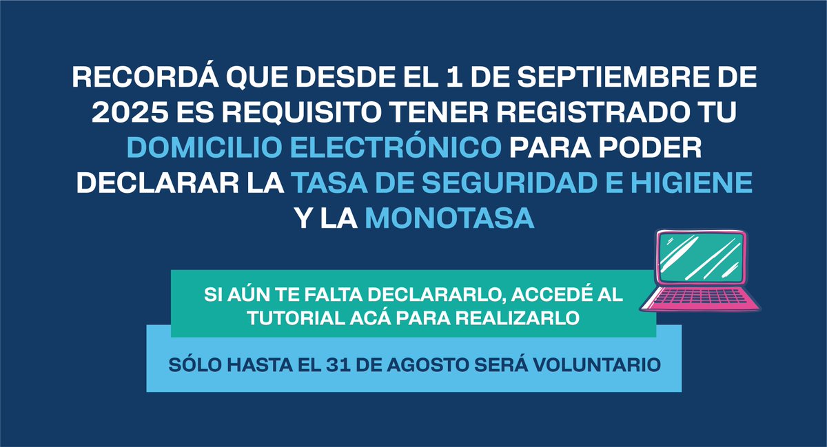 ARMcomunica's tweet photo. ⚠️ A partir del lunes 1 de septiembre será requisito tener registrado un Domicilio Electrónico para poder realizar las Declaraciones Juradas de TISH y liquidar Monotasa

Si aún no lo registraste, accedé al tutorial para hacerlo antes de esa fecha 👉 https://t.co/32Ho7erjgQ https://t.co/GxRWN9YMuf