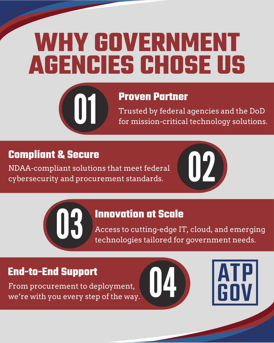 atpgov's tweet image. From compliance to innovation, ATP Gov is the trusted partner government agencies rely on.

Discover why agencies choose us to power their mission success.

#ATPGov #GovernmentSolutions #MissionReady #NDAACompliant 
#FederalIT