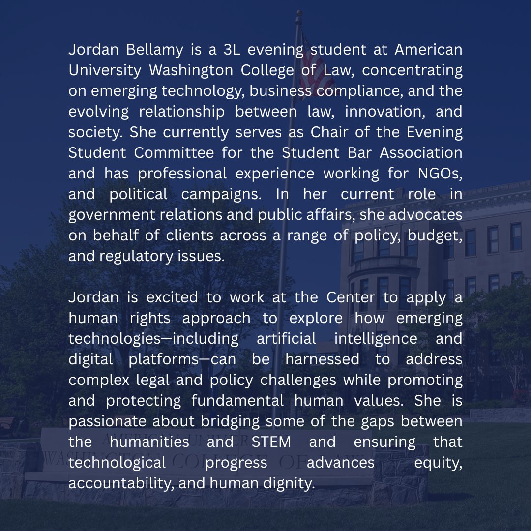 To start the semester off right, we are introducing the staff and fellows behind <a href="/humanrts/">Center For Human Rights & Humanitarian Law</a>. This week, we want to highlight Jordan Bellamy!

<a href="/ebertoni/">Eduardo Bertoni</a> | <a href="/AUWCL/">American University Washington College of Law</a> 

#HumanRights #CfHRHL