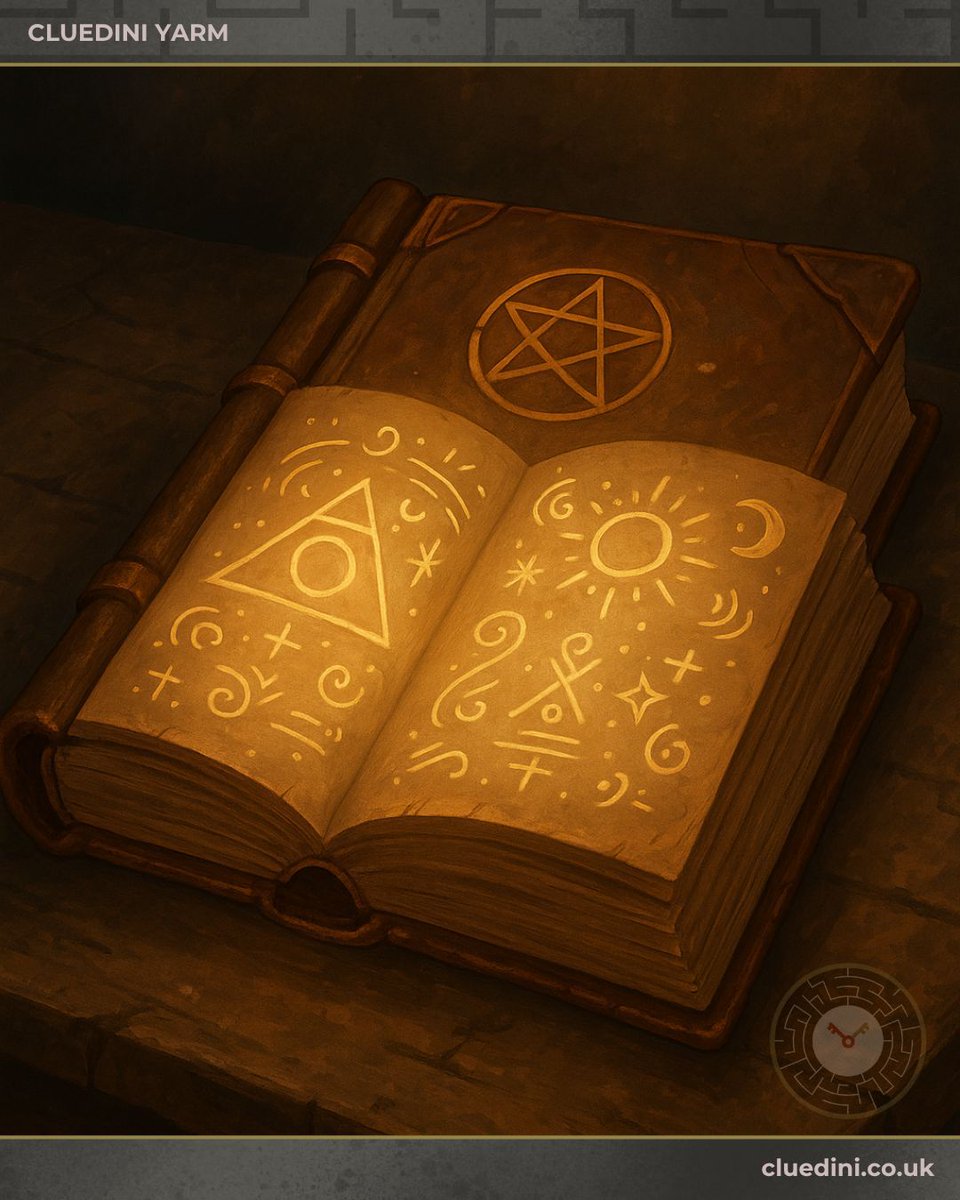 Prop of the Week: **Spellbook**! 📖 Decipher ancient magic in our 'Hex' escape room. Book your Cluedini Yarm adventure! #HexEscape #Magic #EscapeRoom