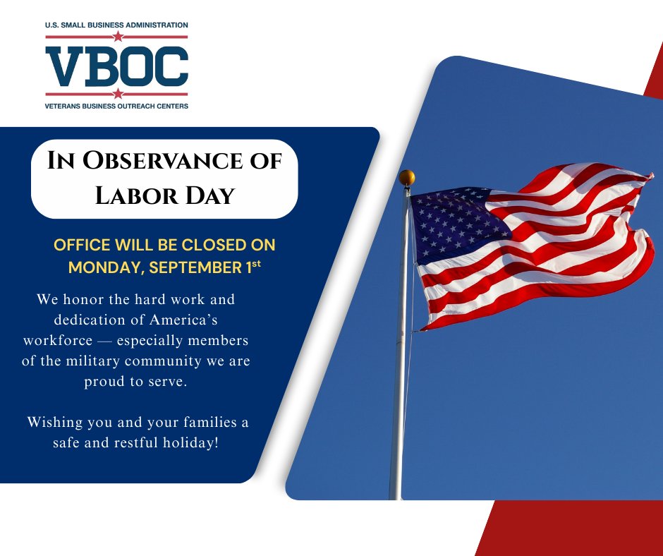utrgv_vboc's tweet image. Our office will be closed Monday, September 1, 2025 in observance of Labor Day.

Regular office hours will resume on Tuesday, September 2, 2025.

#SBA #LaborDay #VBOC #Veterans #VetOwnedSmallBusiness