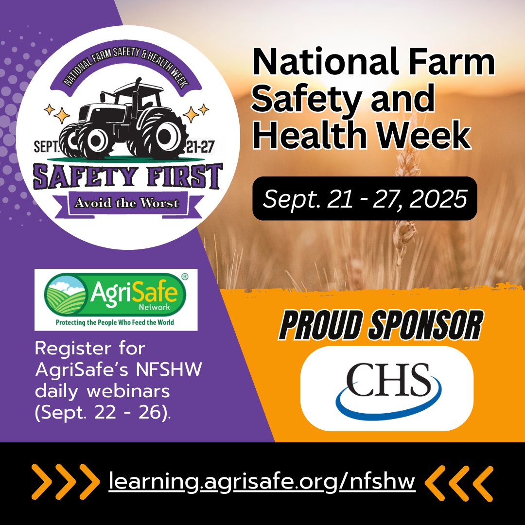 AgriSafe is excited to recognize CHS Inc. as a proud supporter of our 2025 National Farm Safety and Health Week webinar series, taking place September 22–26! 🌾 

👉 Become a sponsor today: agrisafe.org/sponsorship-nf… 

#NFSHW #FarmSafety #AgHealth #AgriSafe #RuralHealth