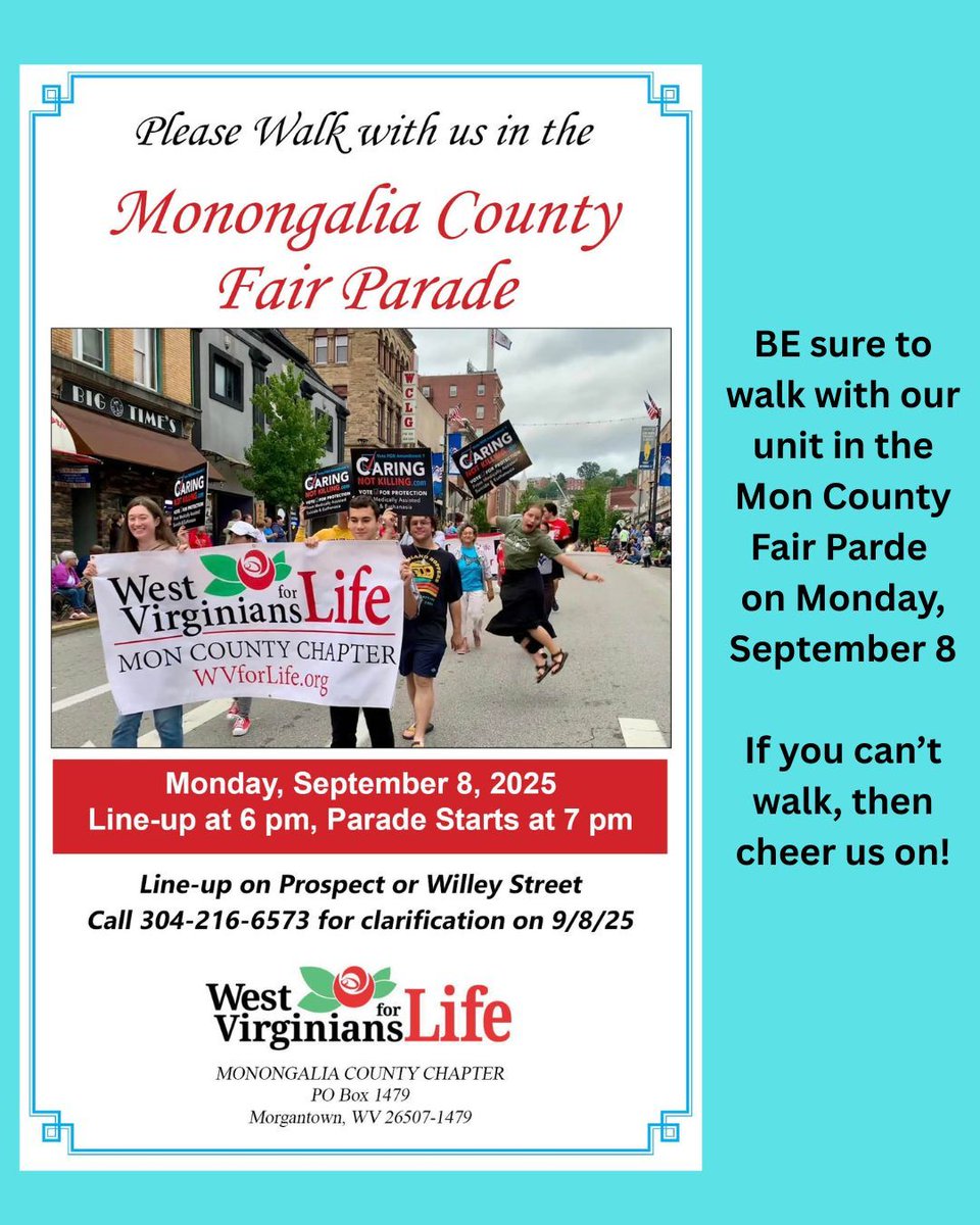 @wv4life invites you to walk with our pro-life unit in the Monongalia County Fair Parade on Monday, September 8. Always a blast, we'll be honoring our Precious Baby Photo Contest winner as he sits atop a convertible with parents. Come out and walk with us!