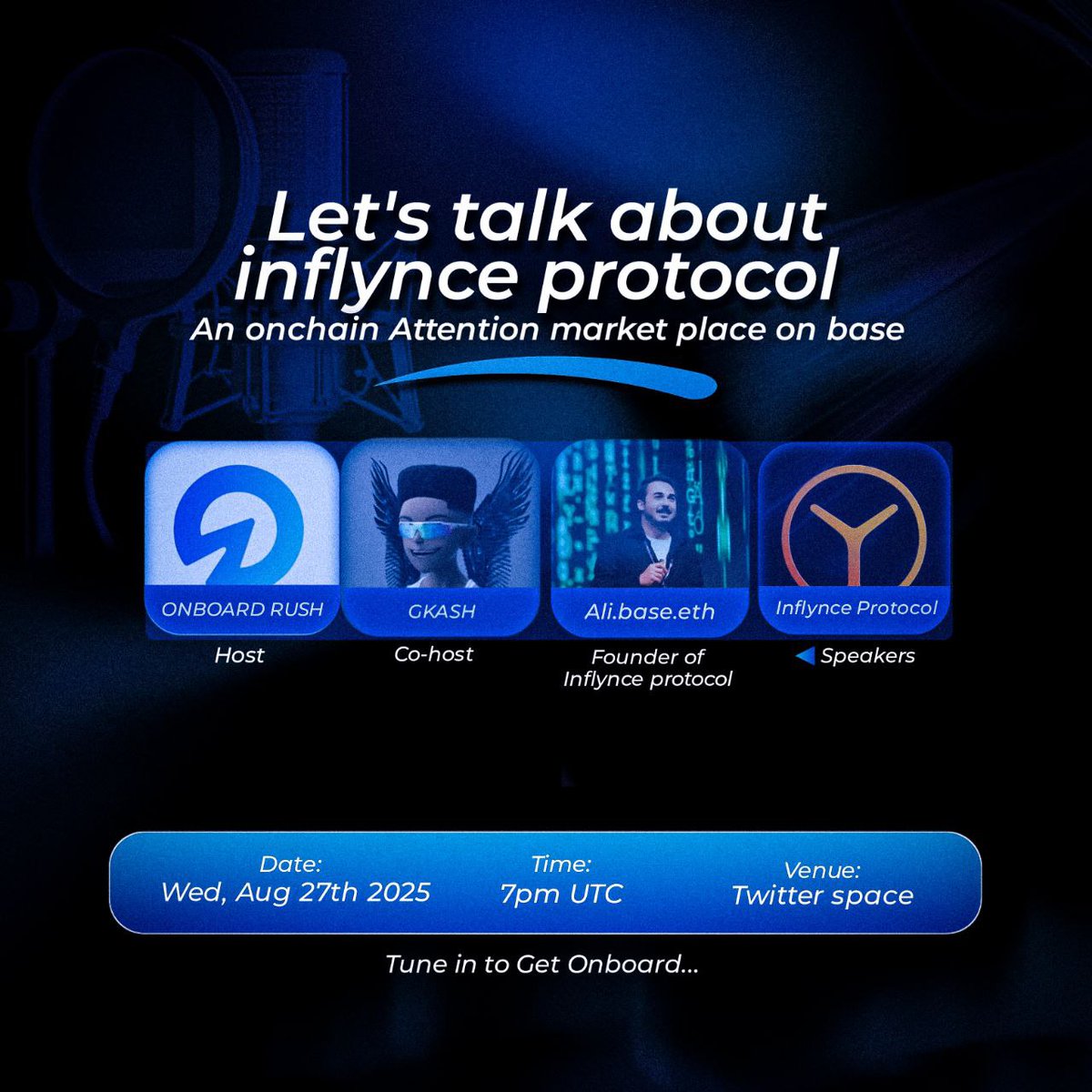 We have just 30 mins left for this space with <a href="/inflynce/">Inflynce Protocol</a> .

Let's talk about how Inflynce is leading the onchain Attention market place on <a href="/base/">Base</a> .

Join us on this space today