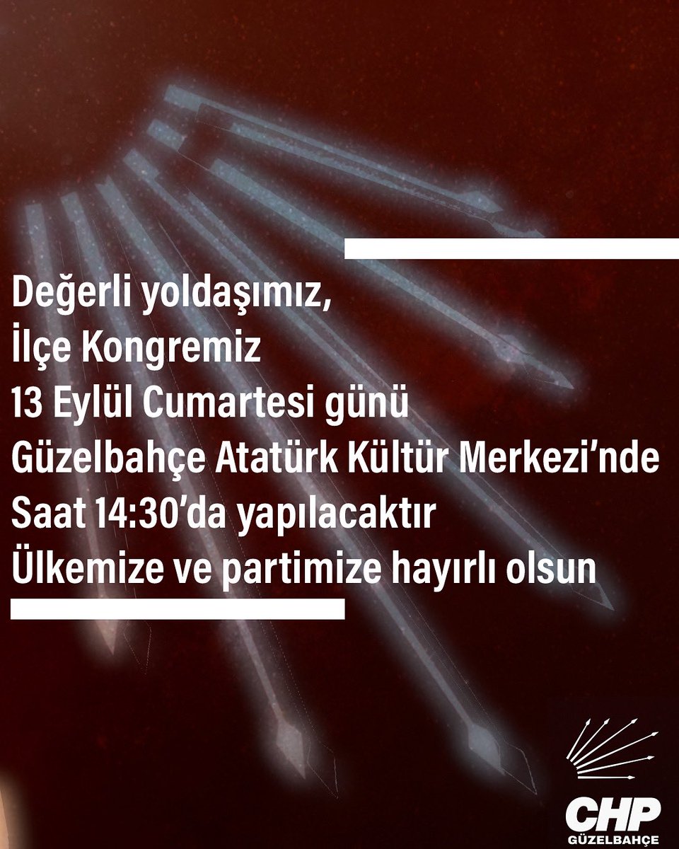Değerli yoldaşımız, İlçe Kongremiz 13 Eylül Cumartesi günü Güzelbahçe Atatürk Kültür Merkezi’nde 14:30’da yapılacaktır. Ülkemize ve partimize hayırlı olsun.