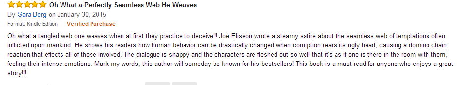 Thanks to Sara Berg for this wonderful five-star review of my debut comic novel, THE SEAMLESS WEB. Please give it a try. See if you agree with Sara.
Kindle eBook or Amazon Paperback: amzn.to/1MRJ3it
#BookBoost
4-0070
