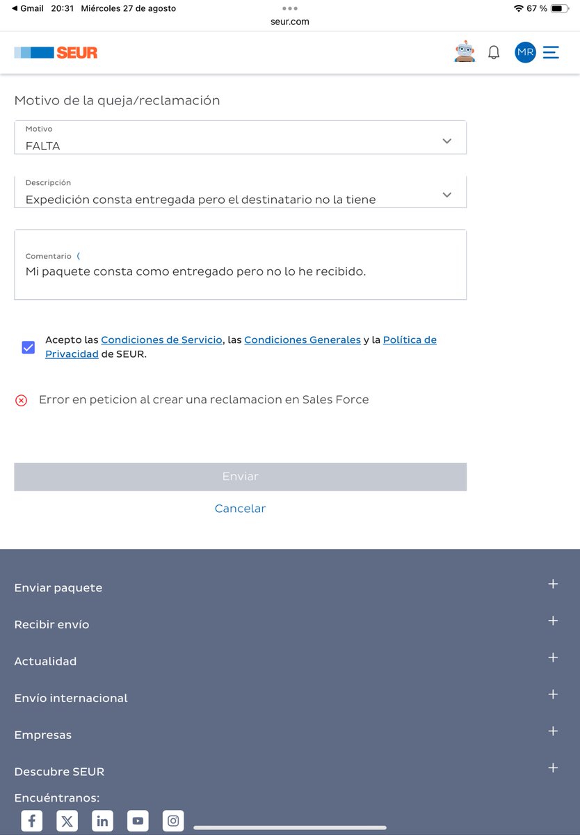 Linkmik90's tweet photo. Seur, me indicáis que el pedido se ha entregado pero no lo he recibido y cuando voy al enlace que indica la página para notificar este problema me da error, me podéis indicar alguna forma de ponerme en contacto? @SEUR_responde @SEUR https://t.co/SvCQyeOEOV