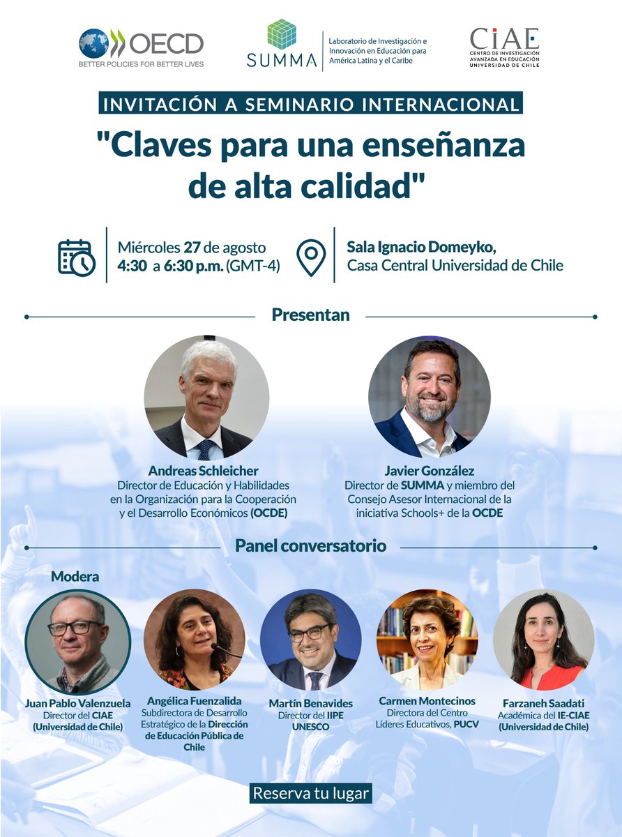 📢 ¡Ya falta poco!

Hoy las 16:30, te invitamos al seminario internacional "Claves para una enseñanza de alta calidad", que llevaremos a cabo junto a <a href="/OECD/">OECD ➡️ Better Policies for Better Lives</a> y <a href="/ciae_uchile/">CIAE - U. de Chile</a> en la <a href="/udechile/">Universidad de Chile</a> 

Estás a tiempo de registrarte 👉forms.gle/RBxLwwW7vJeAag…

📍Seminario presencial