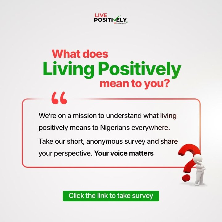 positively_ng's tweet photo. Positivity means different things to different people..

For some, it’s financial freedom. For others, peace of mind or strong relationships.

What does living positively mean to YOU as a Nigerian?
Share your thoughts in our short survey https://t.co/GhQNs9Ymek
#LivePositively 🇳🇬 https://t.co/N8ZKL4P4HD