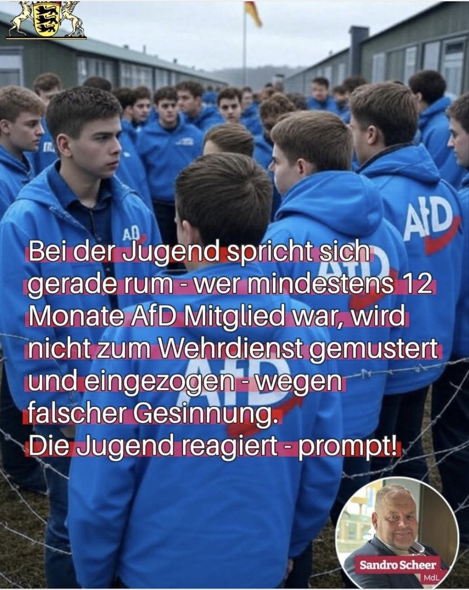 Netzfund. 
𝗞𝗲𝗶𝗻𝗲 𝗠𝘂𝘀𝘁𝗲𝗿𝘂𝗻𝗴 𝘂𝗻𝗱 𝗪𝗲𝗵𝗿𝗽𝗳𝗹𝗶𝗰𝗵𝘁 𝗳ü𝗿 𝗔𝗳𝗗 𝗠𝗶𝘁𝗴𝗹𝗶𝗲𝗱𝗲𝗿! 
Könnte sein - oder! Das wäre konsequent von den Alt - und Konsensparteien.
Warum soll man für eine Land kämpfen, das Millionen von Wählern ausschließt und diskriminiert?