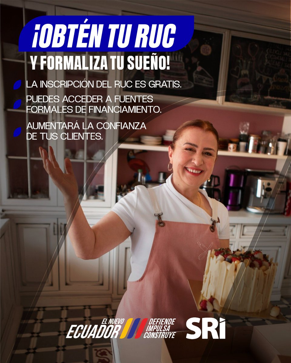 SRIoficialEc's tweet photo. ¡#Formaliza tu sueño!
✅Con el RUC, facturas autorizadas por el SRI y con tus impuestos al día, construyes un negocio sólido y apoyas al país.
¡Da el primer paso en https://t.co/V13I8UYtRD opción SRI en línea.
#ElNuevoEcuador https://t.co/CsALd9pLh1