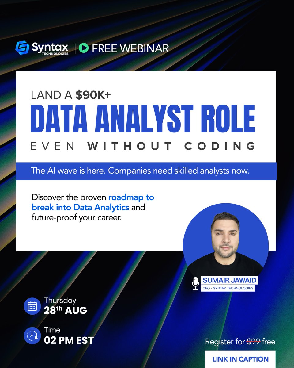 SyntaxTechs's tweet image. [FREE Registration Link: bit.ly/4nnQPrt ]

#dataanalytics #dataanalyticswebinar #datavisualization #webinar #webinars #datascience #datascientist #dataanalysis #dataanalysiswebinar #bigdata #dataanalyst #analytics #tableau #powerbi #artificialintelligence #datamining