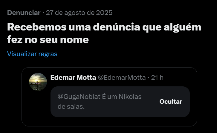 Mano...
Ontem a <a href="/KriskaCarvalho/">Kriska Pimentinha</a> comentou sobre ter em seu twitter uma mensagem de que ela fez uma série de denúncias a tweets, o que ela não fez.

Acaba de acontecer o mesmo aqui. Meu perfil "denunciou" várias replies de pessoas que zoavam o Nikolas em um tweet do <a href="/GugaNoblat/">GugaNoblat</a> .