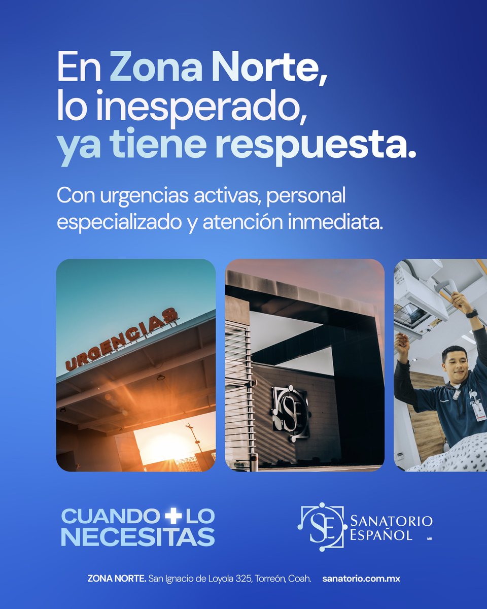 En Zona Norte, tu urgencia tiene respuesta inmediata. Tu bienestar es nuestra prioridad, en cada momento. 
👩‍⚕️ Personal especializado
🏥 Instalaciones listas
💙 La atención que necesitas
📍 San Ignacio de Loyola 325, Torreón, Coahuila
#SanatorioEspañol