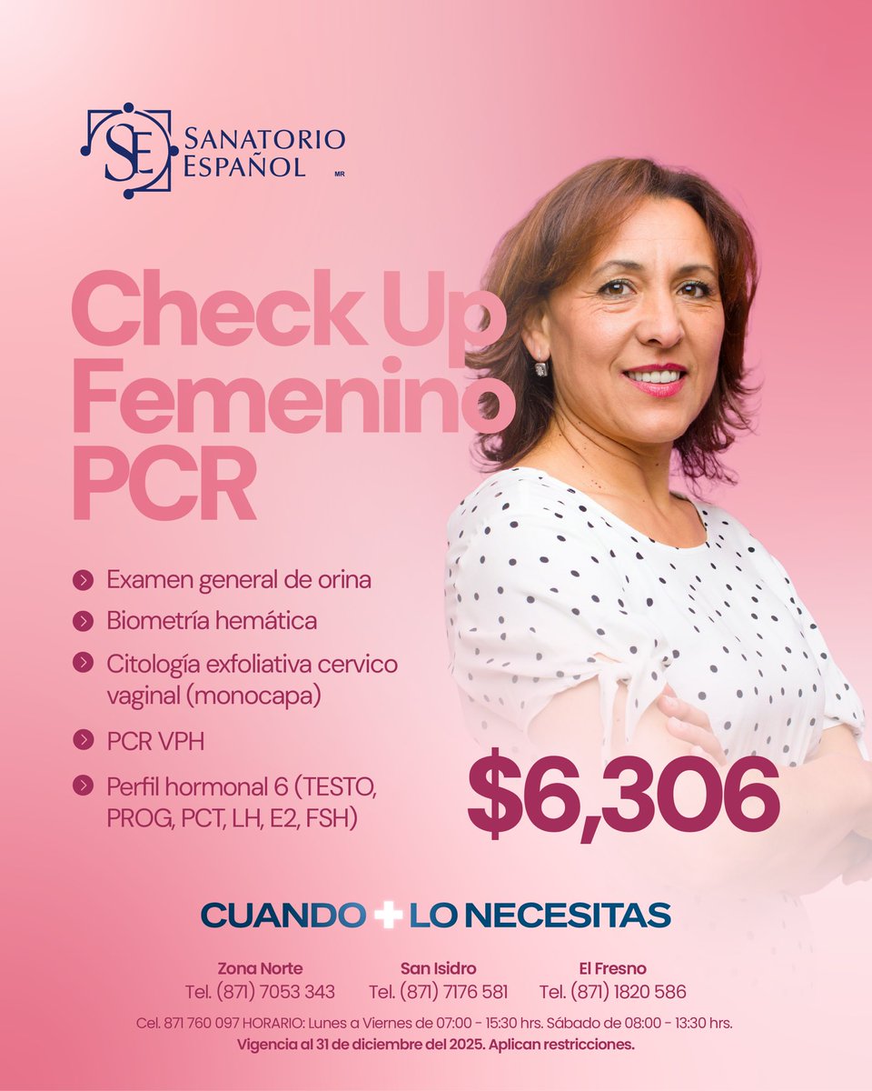 💙🩺Check-Up Femenino PCR: pensado para ti y tu bienestar. ✨👩‍⚕️
📅 Vigente hasta el 31 de diciembre de 2025. Aplican restricciones. 
💰 Costo: $6,306.
Tu bienestar es nuestra prioridad. ¡Agenda tu cita hoy! 

#SanatorioEspañol  #CheckUpFemenino