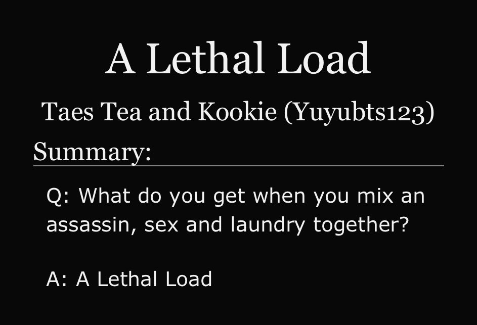 YuyuBTS123's tweet photo. 🧦 || A Lethal Load || 🧦

🔪 Assass!ns TK
🔪 PwP
🔪 Fighting as foreplay
🔪 Laundry puns
🔪 Strangers to lovers/  🔞
🔪 written for @btspromptko_ 

#taekookau

🔗 https://t.co/8fbWVUaZCW https://t.co/wyz1oIVOe3