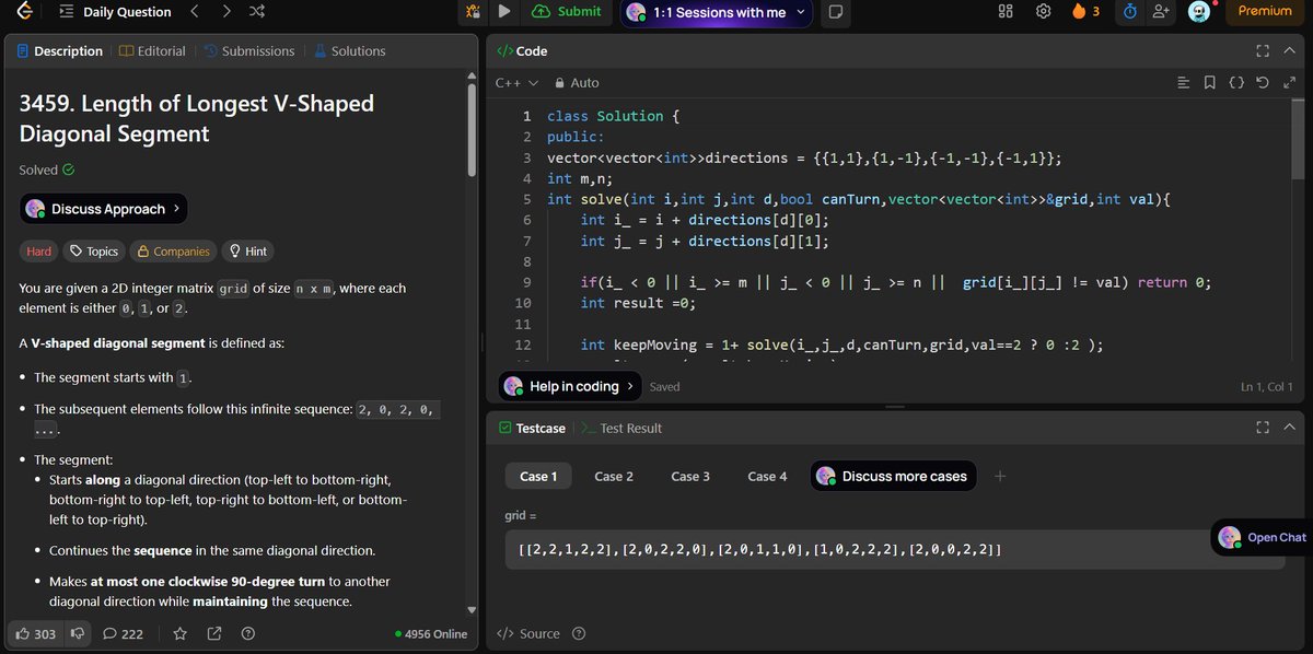 Abhishek1005_'s tweet image. Day 27 
Solved LeetCode #3459 Length of Longest V-Shaped Diagonal Segment. Took me a while to debug the sequence logic , so couldn’t continue with Striver’s Bit Manipulation today. Will resume it tomorrow #100DaysOfCode #StriverA2ZDSA