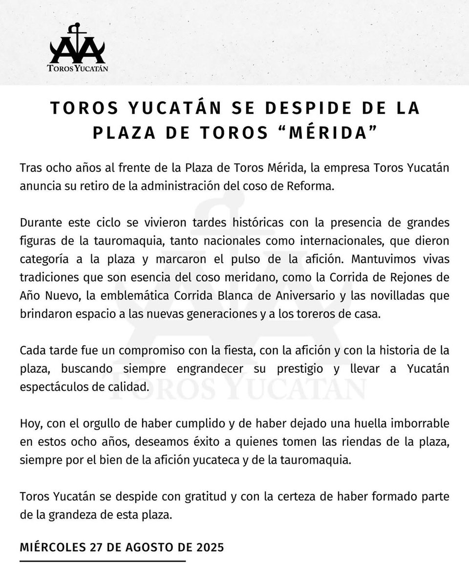 Hoy cerramos un ciclo en la Plaza de Toros Mérida. Ocho años de historia, tradición y emociones compartidas con nuestra querida afición yucateca. Gracias por cada tarde, por cada aplauso y por ser parte de este camino que siempre quedará en la memoria.