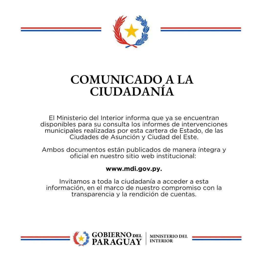 📍#IMPORTANTE— MDI pone a disposición de la ciudadanía resultados de intervenciones de Asunción y Ciudad del Este

El Ministerio del Interior informa que ya se encuentran disponibles para su consulta los resultados de intervenciones municipales realizadas por esta cartera de