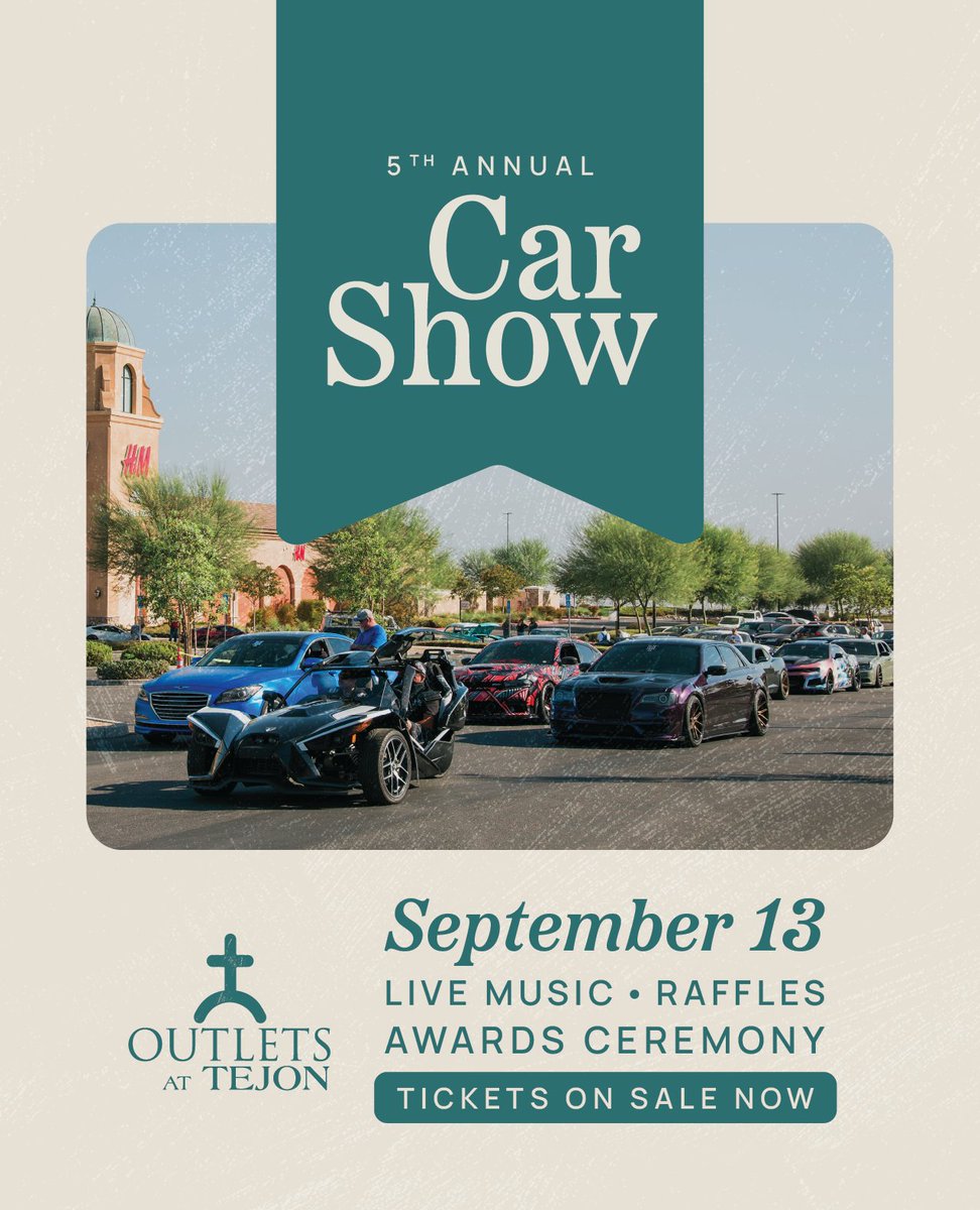 Get ready for an unforgettable day at the 5th Annual Car Show at the Outlets at Tejon on September 13!

Come admire an impressive lineup of classic cars, custom rides, and everything in between while enjoying live music, exciting raffles, delicious food trucks and shopping.
