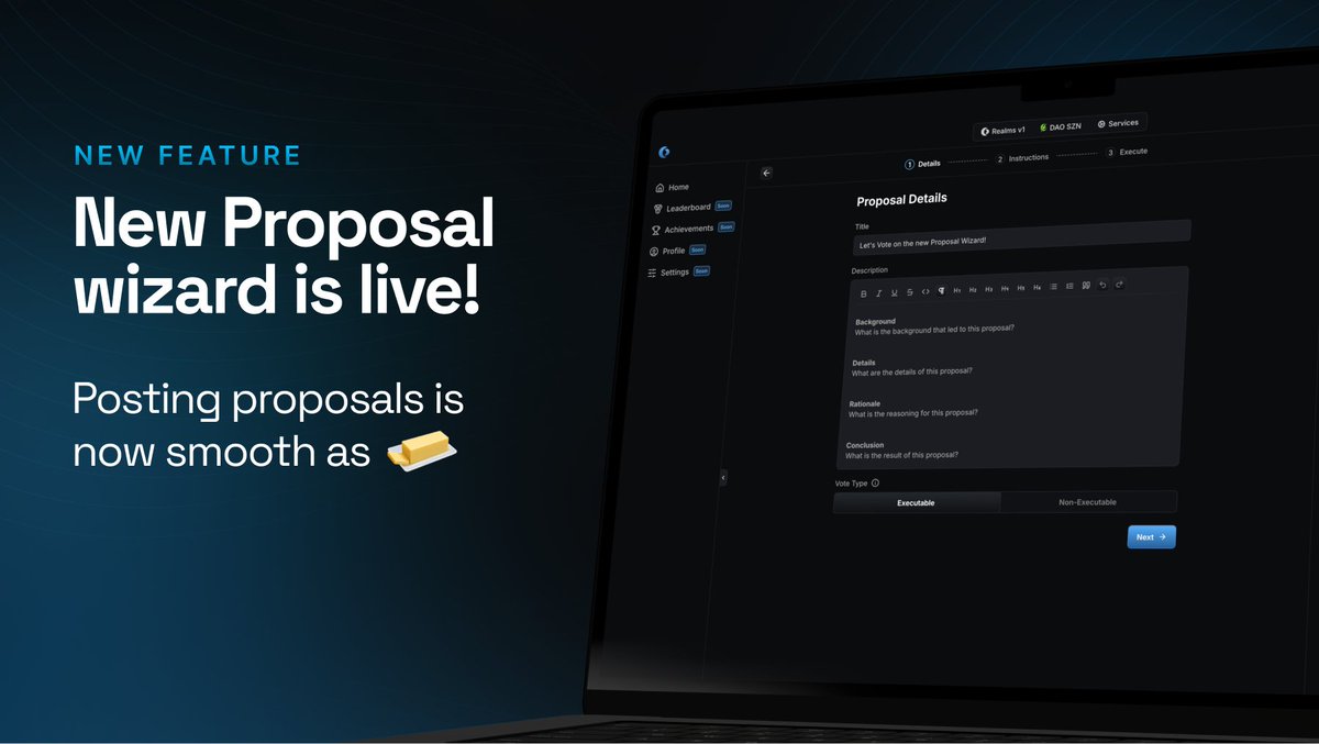 Realms v2 is all about making UX for DAOers better.

Say hi to the new proposal creation wizard! 🧈

Streamlined proposal flow ✅
Slick looks ✅
More options to draft &amp; format your proposal ✅