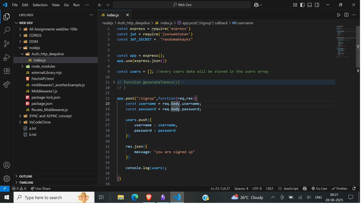 abhayk_01's tweet image. Day 20–21 of #30DaysCodeChallenge 🚀
> Learned about Authorization and its workflow with tokens.
> Built 3 endpoints: Sign In, Sign Out, me (to fetch user data).
>Understood JWT and stateless auth and also replaced token logic with JWT.