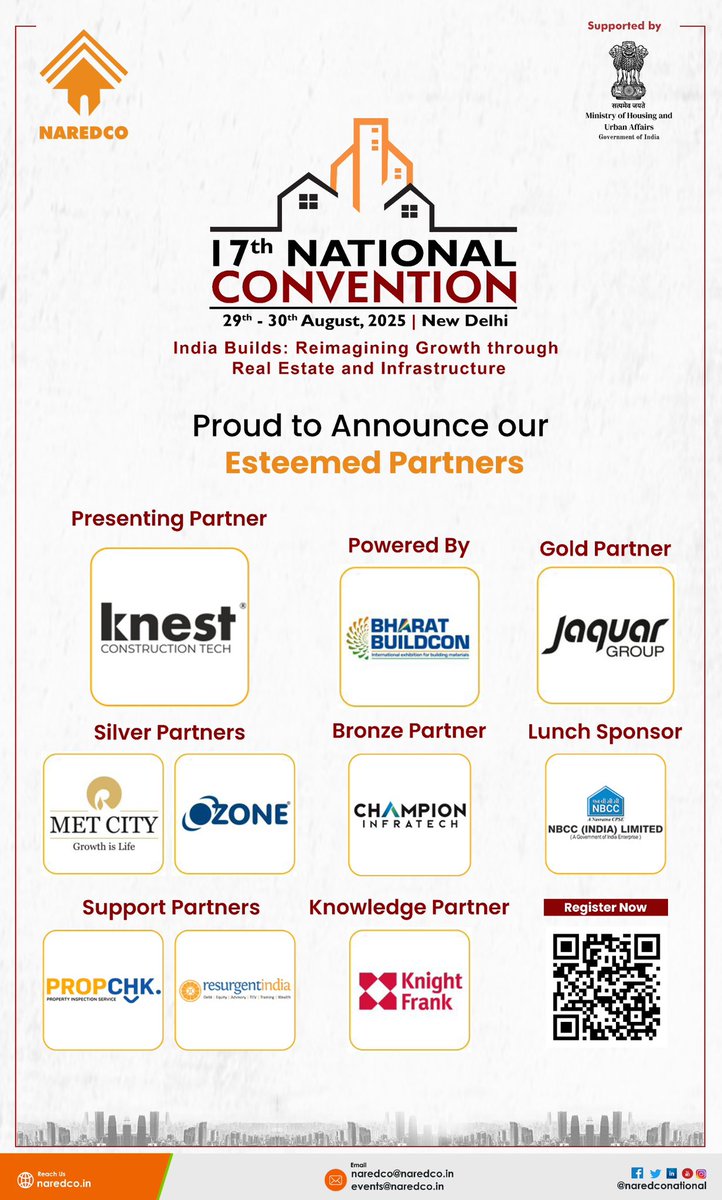 NaredcoNational's tweet photo. Building the Future, Together! 

The 17th #NAREDCONational Convention 2025 is powered by the collective strength of our esteemed partners whose vision, innovation, and commitment are shaping India’s real estate and infrastructure growth story.

@OfficialNBCC

 #MoHUA  #RealEstate https://t.co/HORZvLlI8m