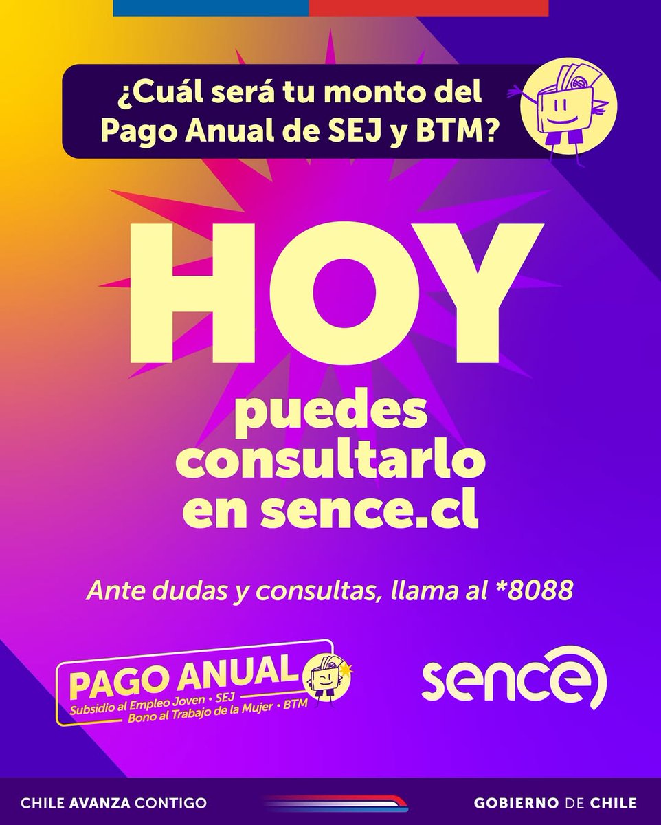 📢Ya puedes consultar en 👉 sence.cl el monto de tu Pago Anual del Subsidio al Empleo Joven #SEJ y del Bono al Trabajo de la Mujer #BTM.

Si tienes dudas o consultas llama al *8088.

✅ Infórmate y revisa tu beneficio.
#Sence está cambiando vidas.