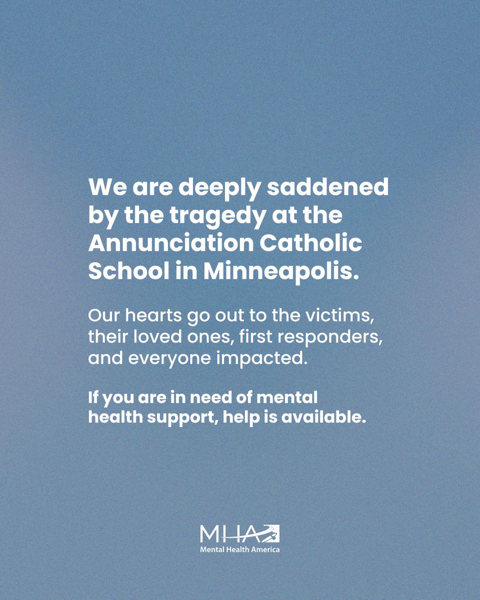 MentalHealthAm's tweet image. We are deeply saddened by the tragedy at the Annunciation Catholic School in Minneapolis. Our hearts go out to the victims, their loved ones, first responders, and everyone impacted. 

Help is available. Text HELLO to 741741 to be connected with a Crisis Counselor today.