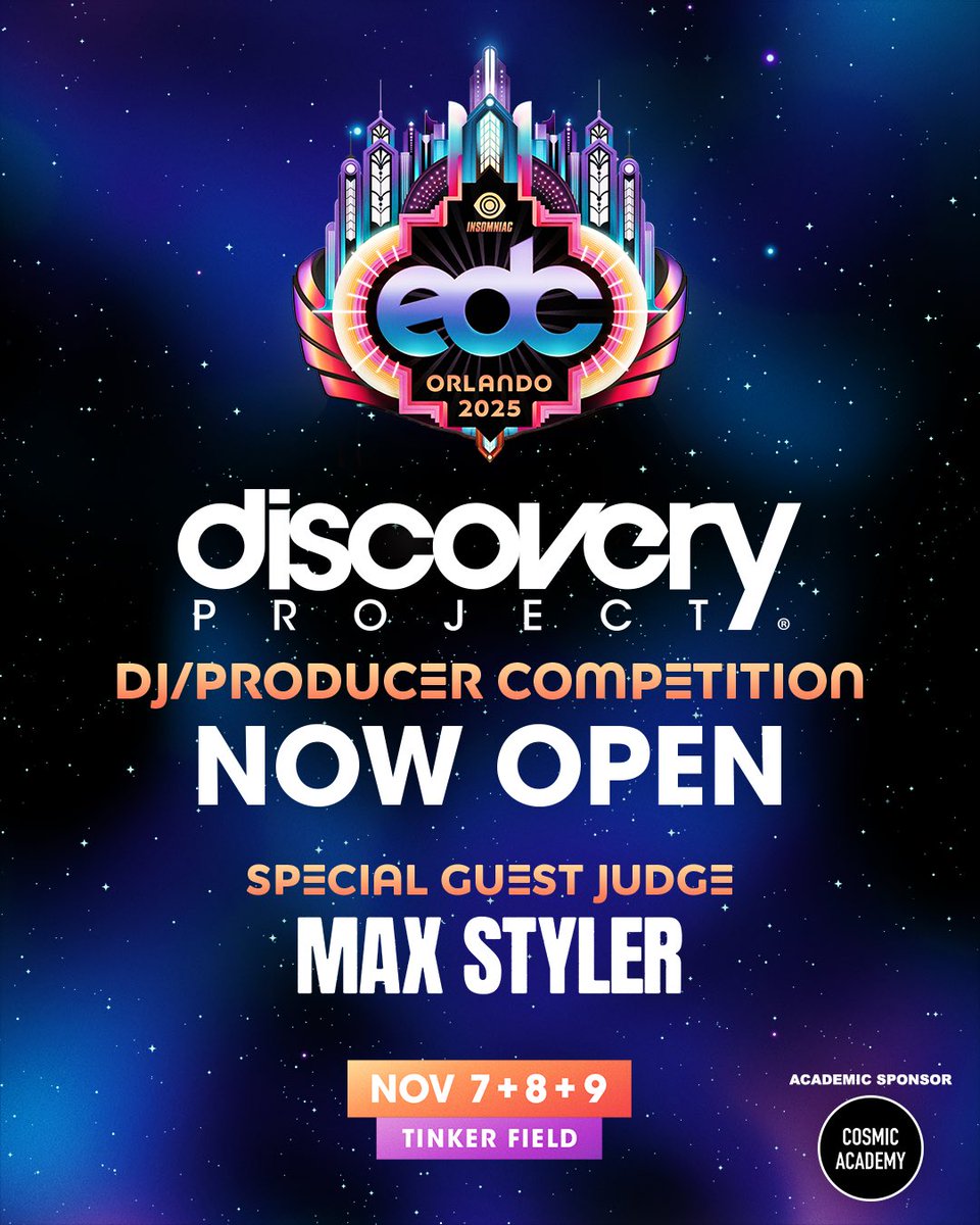 discoveryprjct's tweet image. Know a DJ/Producer who deserves a shot to play @EDC_Orlando? 🎡🌈 TAG them below!

Submissions for the 2025 EDC Orlando #DiscoveryProject with special guest judge @maxstylermusic, are NOW OPEN!