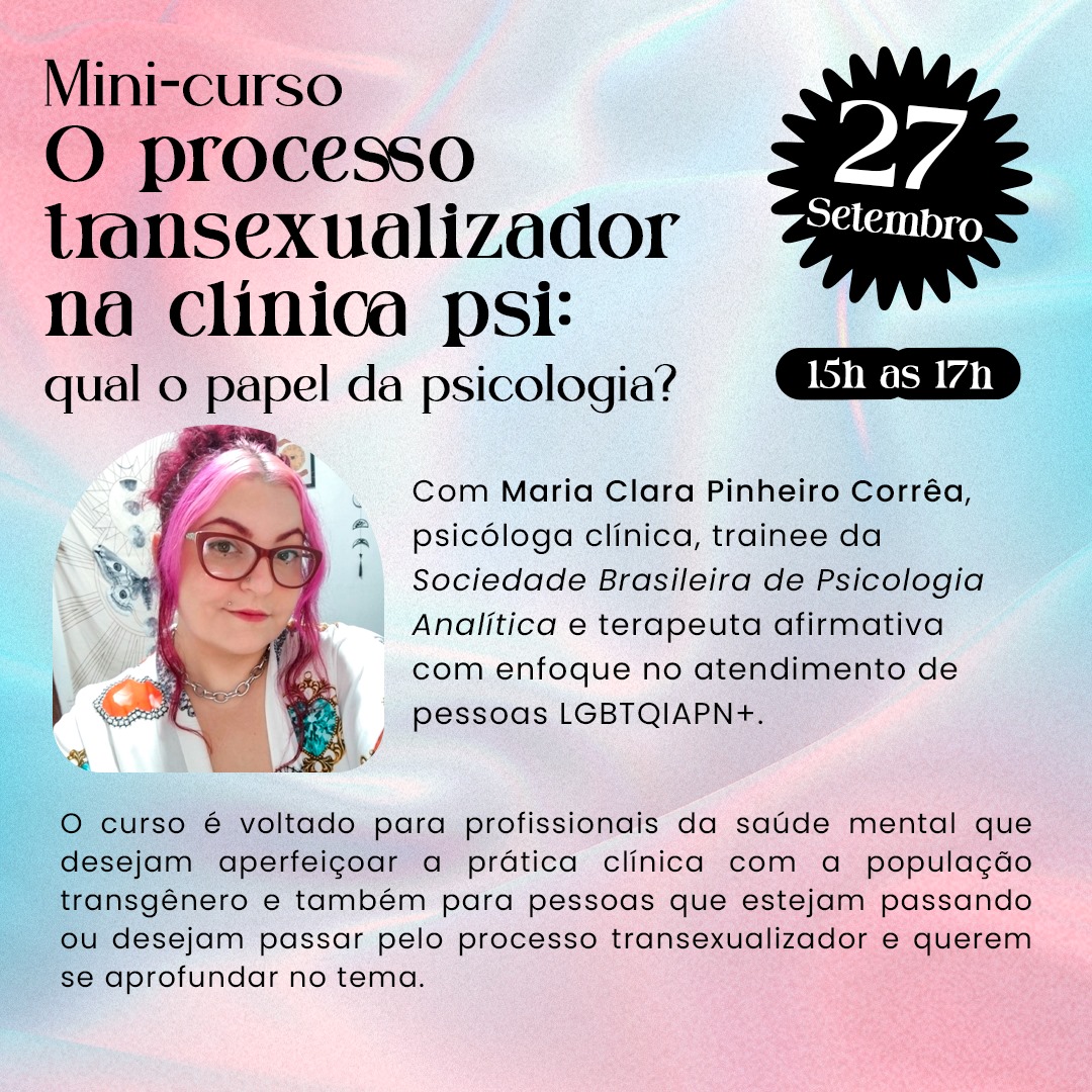 psiclaracorrea's tweet image. 🚨 ATENÇÃO #PSITWITTER 🚨
Dia 27/09 vai rolar meu mini curso O processo transexualizador na clínica psi
Um espaço de troca sobre a clinica, laudos e o papel da nossa profissão no cuidado de pessoas trans 💜🏳️‍🌈🏳️‍⚧️