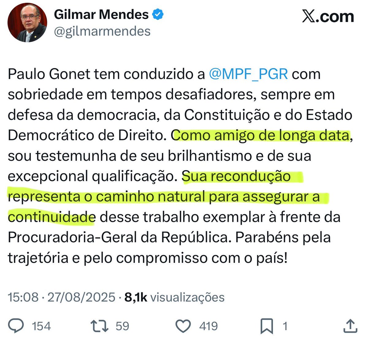 Pavinatto's tweet photo. O Sérgio Moro foi dado como juiz PARCIAL por trocar mensagens, via smartphone, com o pessoal do Ministério Público e, também por isso, a Lava-Jato foi cremada e foram inocentados os corruptos. 
Que dizer, então, de TODAS as ações promovidas por Paulo Gonet no @STF_oficial ? 
É só uma pergunta.