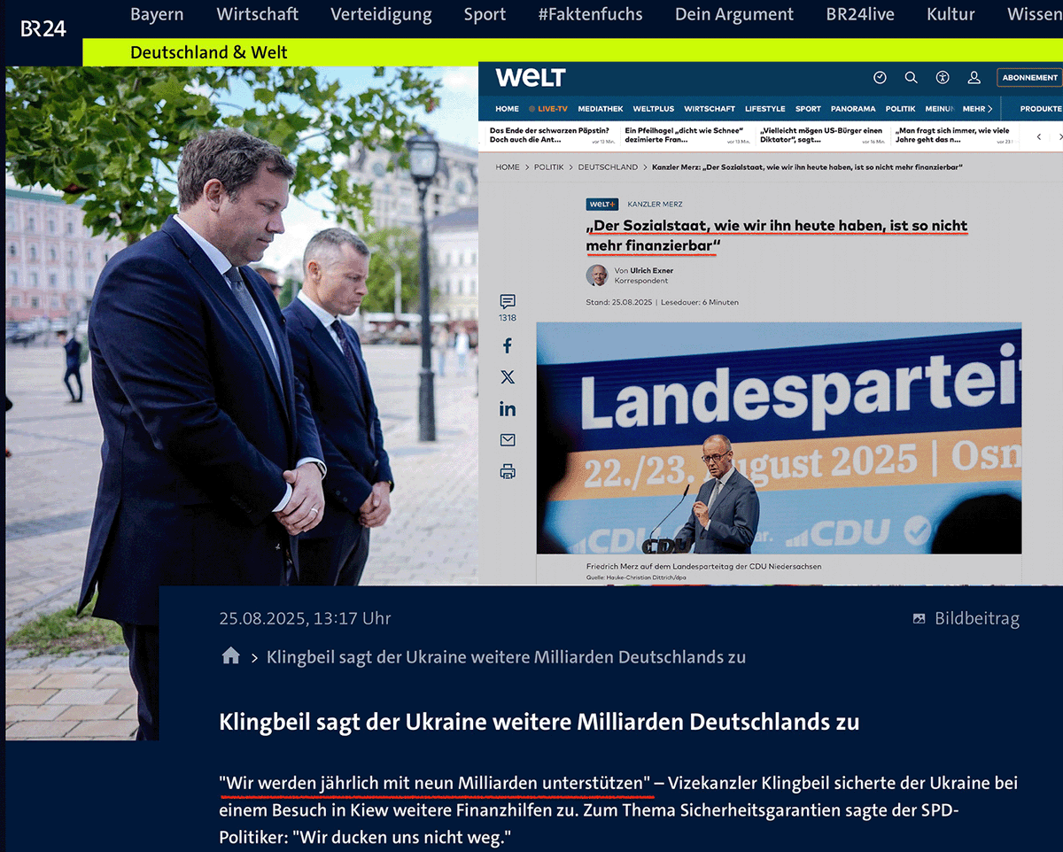 <a href="/bundeskanzler/">Bundeskanzler Friedrich Merz</a> "Russland ist die größte Bedrohung für Frieden in Europa"

Was nehmen Sie zu sich, daß Sie uns *permanent* mit diesem Unsinn kommen?

Hören Sie bitte SOFORT damit auf, einem nicht gewählten "Präsidenten" und seiner Bandera-Soldateska MEIN Geld zu schenken

Es ist MEIN Geld

MEIN