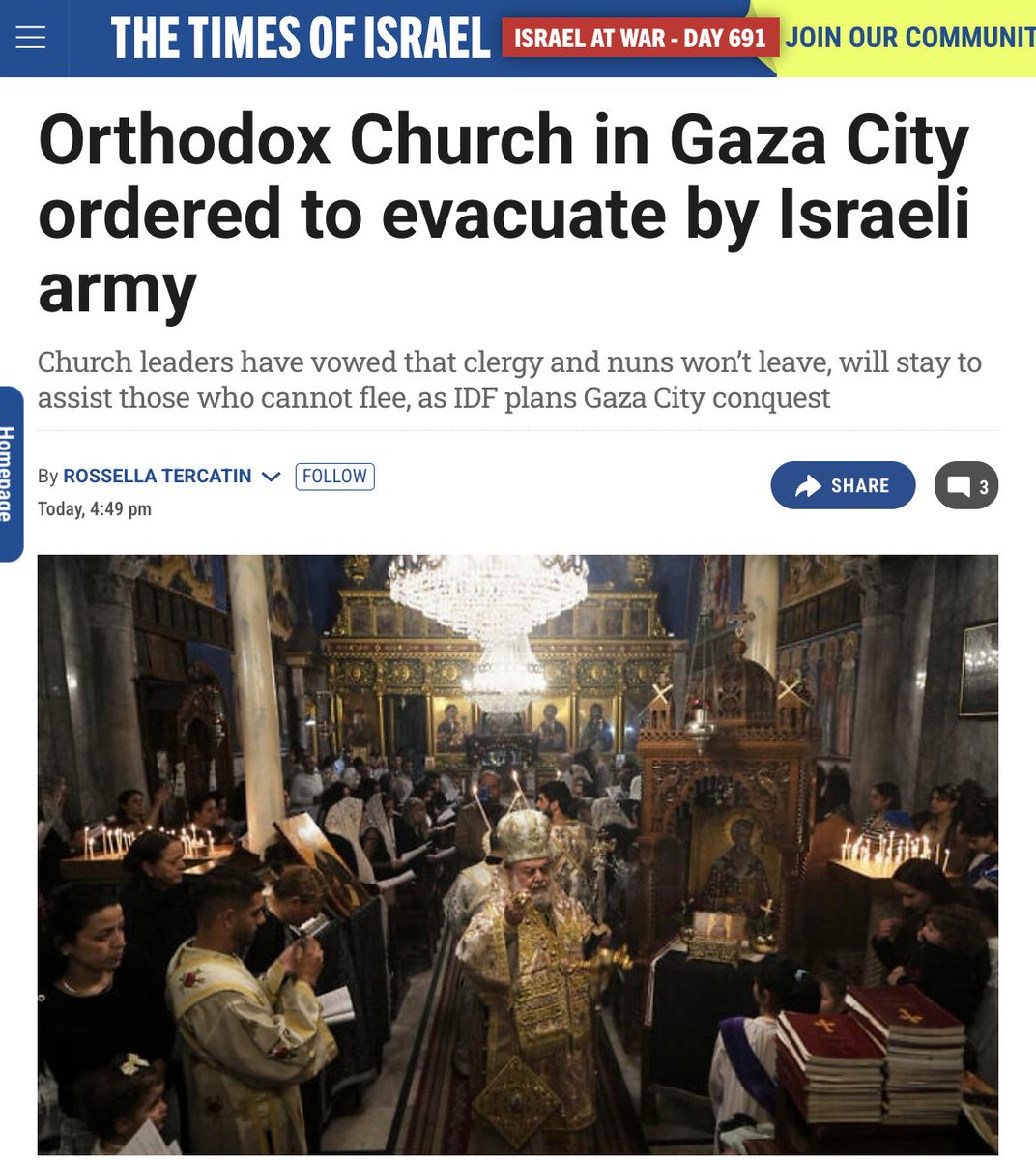 Today, the Israeli army officially ordered the Greek Orthodox Church of St. Porphyrius and its compound in Gaza City to evacuate.

Christians in Gaza City have decided to stay and not evacuate, saying: ‘We have nowhere else to go.’

Pray for them.