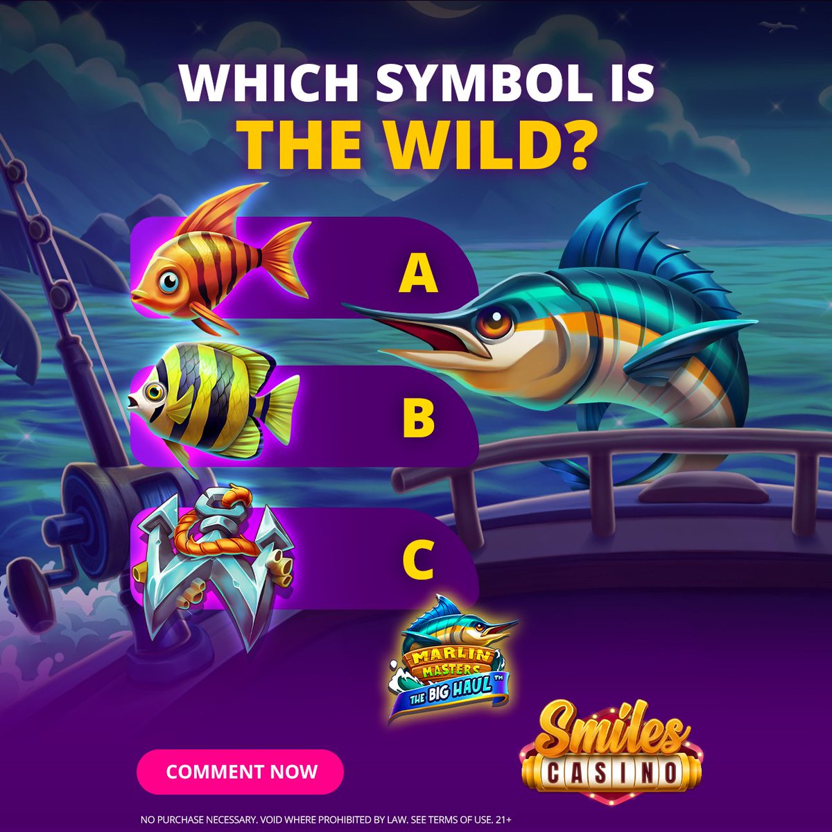 SmilesCasino's tweet photo. Smiles Challenge: Can You Spot the Wild? ๐ฃ
Inspired by Marlin Masters The Big Haul, one of our newest Hacksaw games. Which symbol is the wild? A, B, or C? ๐
Drop your choice below! ๐
#SmilesChallenge #SmilesCasino https://t.co/QHUp4fph7n