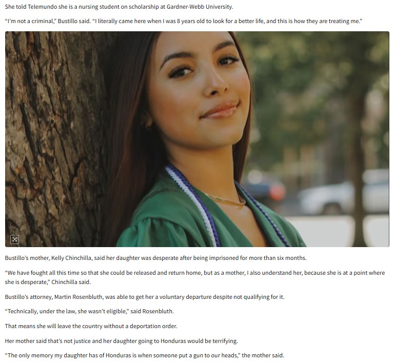 ICE kept this nursing student in captivity for HALF A YEAR until she broke down from sheer despair and desperation and agreed to voluntarily move to a country she fled at gunpoint as an eight-year-old.

History will not forgive.