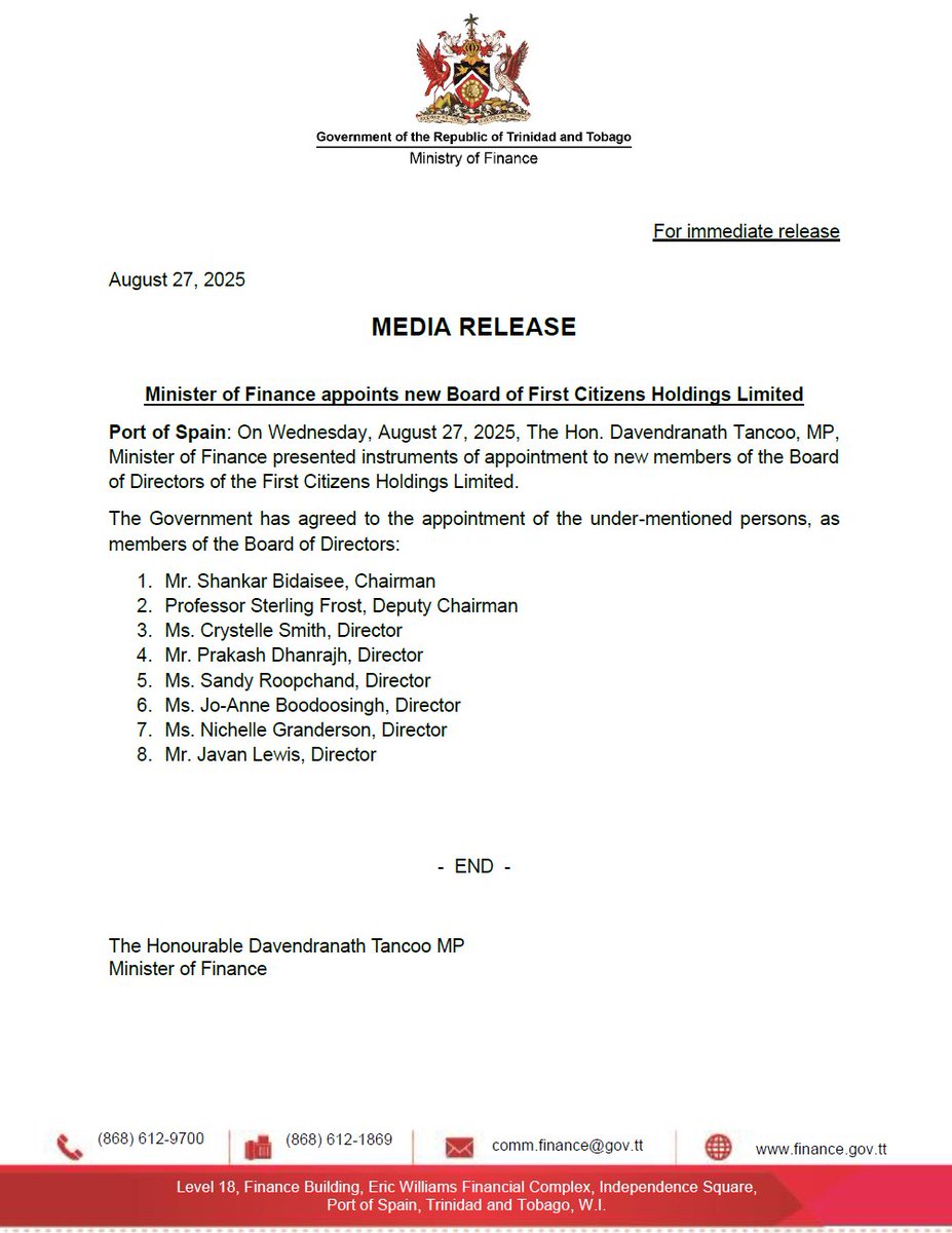 MEDIA RELEASE: Minister of Finance appoints new Board of First Citizens Holdings Limited

#MoFTT