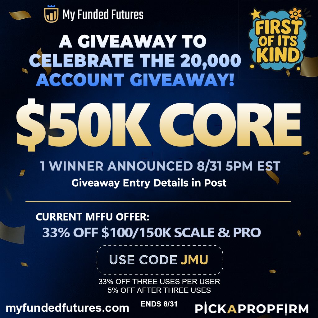 My Funded Futures GIVEAWAY! 
FREE $50K Core Account
📅1 Winner Announced 8/31 5PM EST
TO ENTER: 
1️⃣ Follow @myfundedfutures, <a href="/jmutrades/">Jmu</a>, @pickapropfirm
2️⃣ Like &amp; RT 
3️⃣ Tag 3 friends and share a GIF that represents how your last trade went.
4️⃣ Enter MFFU's 20,000 Account