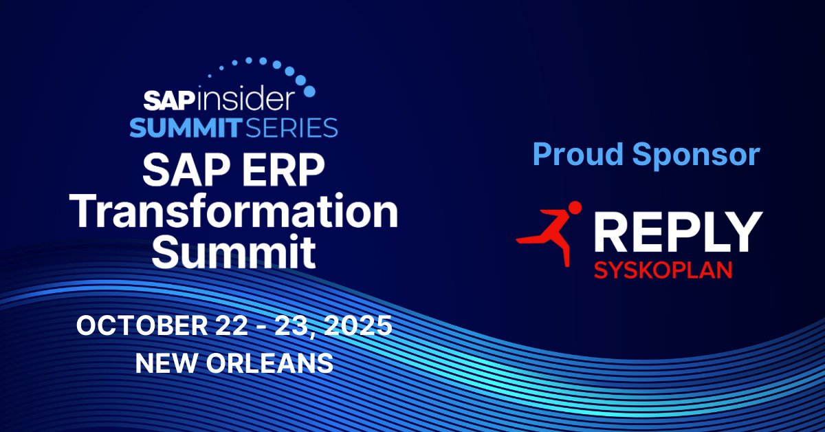 We're sponsoring <a href="/SAPinsider/">SAPinsider</a> #ERP #Transformation Summit!
📅 Oct 22–23, 2025 | New Orleans
Join us to explore the future of #SAP—#cloud, #finance, #AI, #security &amp; more. Live demos, success stories &amp; 1:1 expert sessions with Reply await.
🔗 Register now syskoplan-reply.com/post/sapinside…