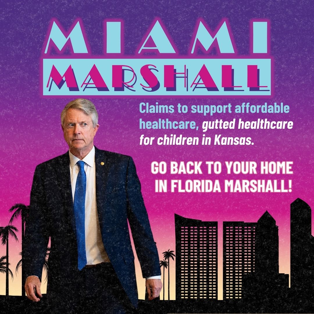 Sen. Marshall has spent his summer cutting food assistance for families, gutting healthcare for kids, and ignoring our calls. While families are struggling, he’s avoiding Kansans and relaxing at his home in Florida  🙄 Kansans deserve better. #MiamiMarshall