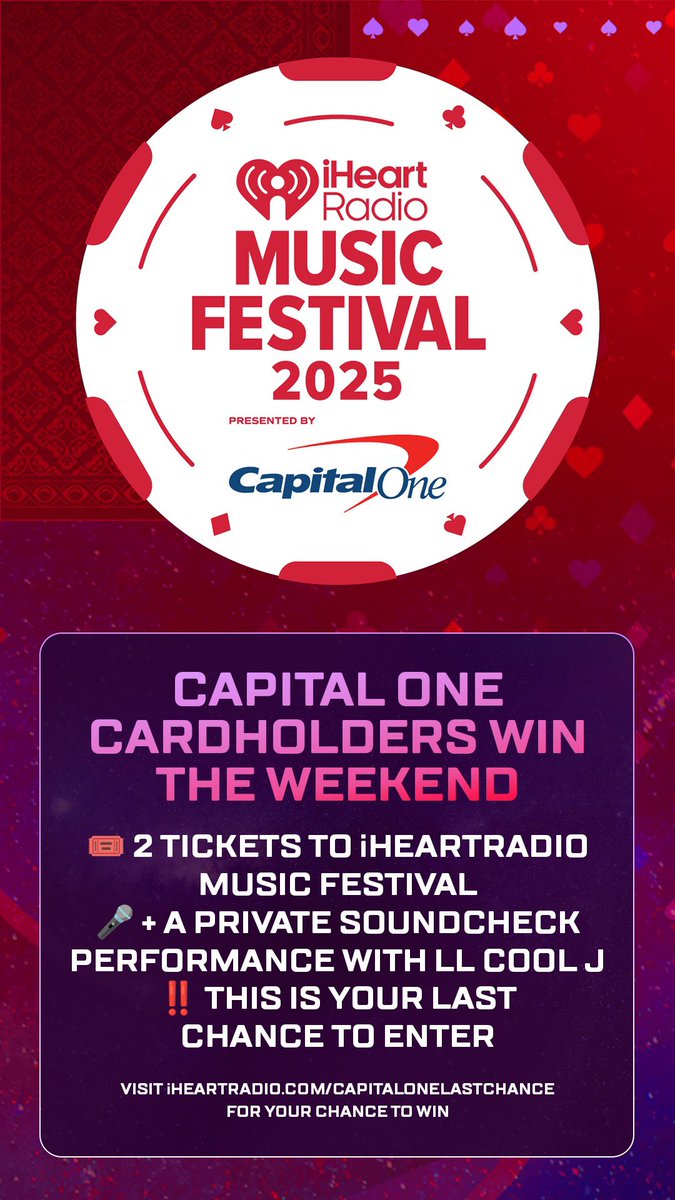 llcoolj's tweet image. Let’s get it in, #iHeartFestival, September 19th and 20th! @CapitalOne fans can enter to win tickets plus attend a special event with me before the show on Friday! Let's go! Visit iHeartRadio.com/CapitalOneLast… for more details. #CapitalOnePartner