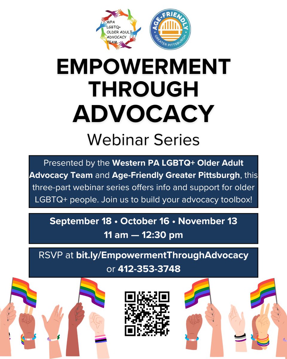 Neighbors of all ages deserve to be heard. Join our Empowerment Through Advocacy webinar series for three sessions of connection, support and tools for change for older LGBTQ+ folks.

📅 Sept 18 • Oct 16 • Nov 13 | 11 am–12:30 pm
RSVP: bit.ly/EmpowermentThr…