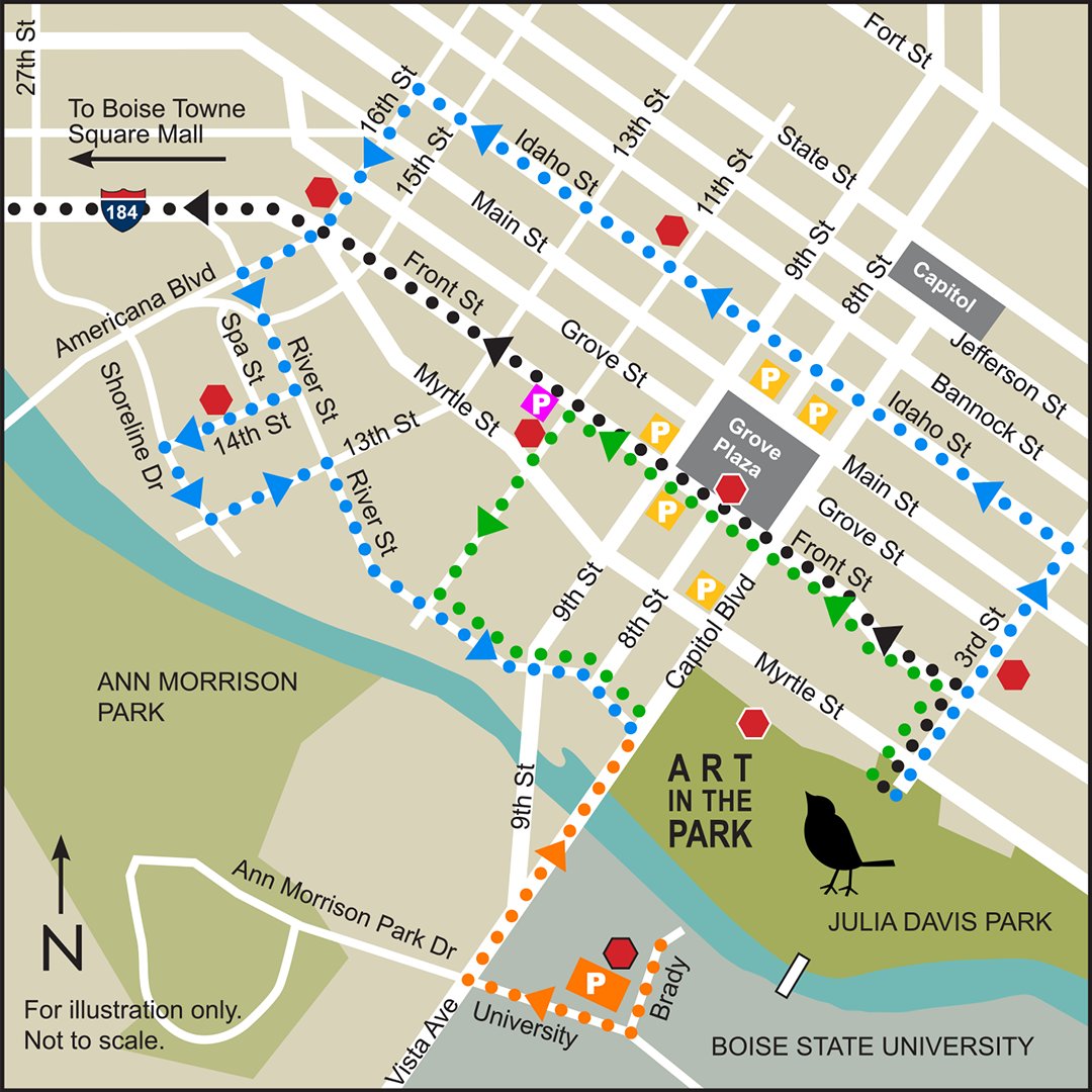 Make a parking plan before you visit BAM’s Art in the Park. There are FREE shuttles with routes running downtown (with special parking rates at nearby garages) and to and from <a href="/BoiseTowneSq/">Boise Towne Square</a> mall.  See our website for all parking and shuttle details. 
boiseartmuseum.org/art-in-the-par…