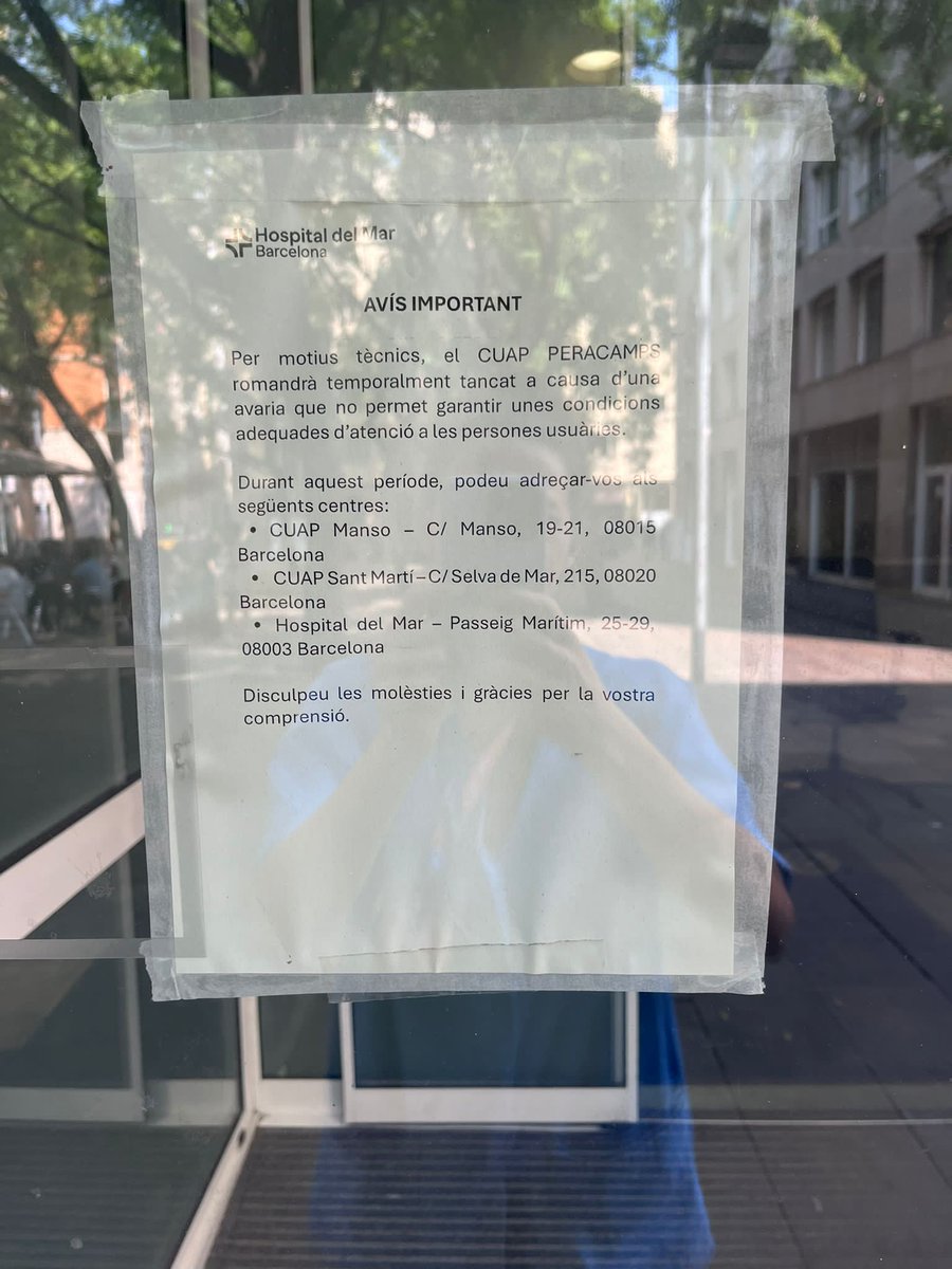 FTC/IAC Hospital del Mar (@ftcpsmar) on Twitter photo El CUAP Peracamps del barrio del Raval, gestionado por el Parc Salut Mar, lleva cerrado desde el pasado domingo porque uno de los aires acondicionados no funciona, y sus pacientes se están derivando al CUAP Manso, CUAP Sant Martí y al <a href="/hospitaldelmar/">Hospital del Mar</a>.
europapress.es/catalunya/noti… El CUAP Peracamps del barrio del Raval, gestionado por el Parc Salut Mar, lleva cerrado desde el pasado domingo porque uno de los aires acondicionados no funciona, y sus pacientes se están derivando al CUAP Manso, CUAP Sant Martí y al <a href="/hospitaldelmar/">Hospital del Mar</a>.
europapress.es/catalunya/noti…
