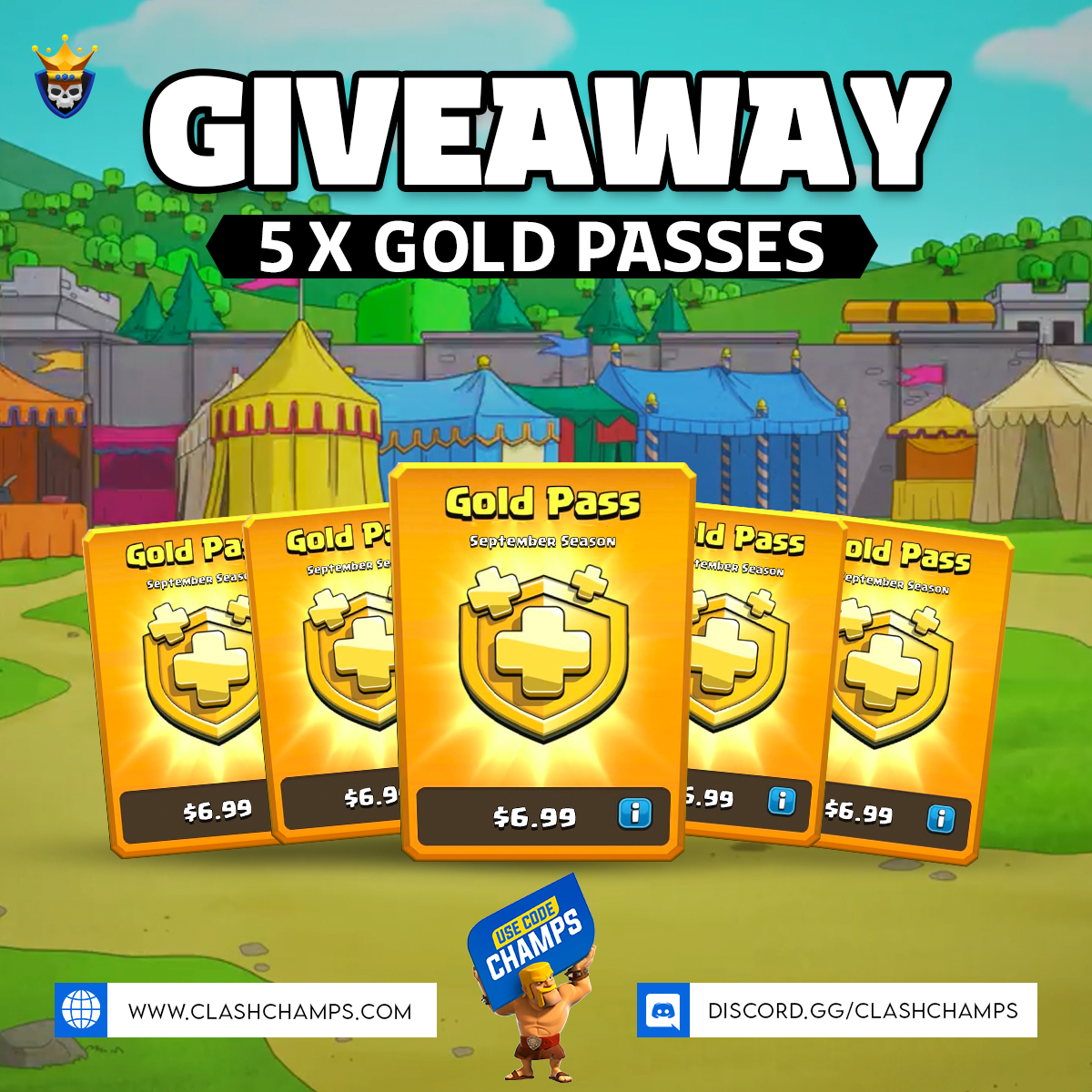 Clash Champs (@clashchamps) on Twitter photo 5x Gold Passes #Giveaway! 🤑
To Enter:
⚔️ Follow <a href="/ClashChamps/">Clash Champs</a>
⚔️ RT and Tag 2 Friends
🔥 BONUS - Post a screenshot of using:
💀 App 👉 link.clashchamps.com
💀 Code CHAMPS 👉 supr.cl/CodeClashChamps
⏰ Ends 4th Sep 5x Gold Passes #Giveaway! 🤑
To Enter:
⚔️ Follow <a href="/ClashChamps/">Clash Champs</a>
⚔️ RT and Tag 2 Friends
🔥 BONUS - Post a screenshot of using:
💀 App 👉 link.clashchamps.com
💀 Code CHAMPS 👉 supr.cl/CodeClashChamps
⏰ Ends 4th Sep